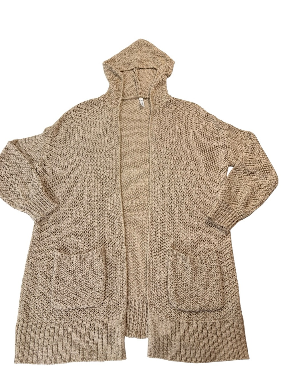 Wishlist Beige Open Knit Neutral Hooded Long Cardigan Sweater Pockets Boho SzS